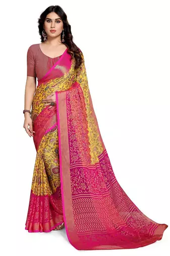 Yellow printed saree with unstitched blouse
