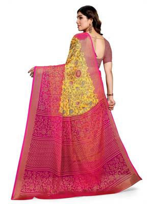 Yellow printed saree with unstitched blouse 2