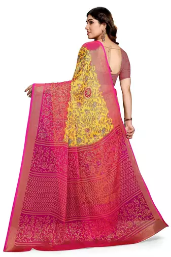 Yellow printed saree with unstitched blouse