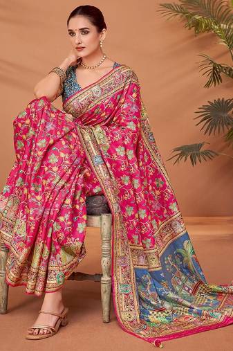 Pink ethnic motifs printed festive wear saree with matching unstitched blouse