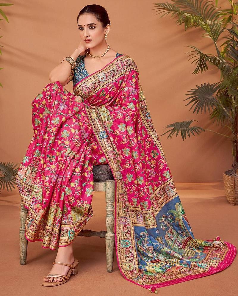 Pink ethnic motifs printed festive wear saree with matching unstitched blouse