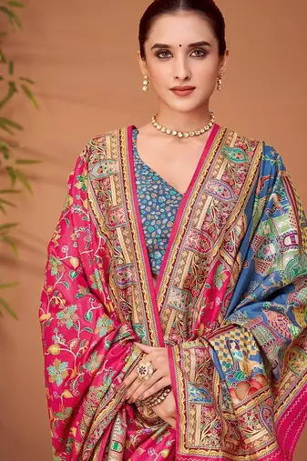 Pink ethnic motifs printed festive wear saree with matching unstitched blouse