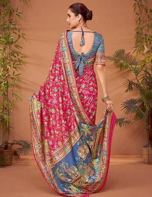 Pink ethnic motifs printed festive wear saree with matching unstitched blouse 3