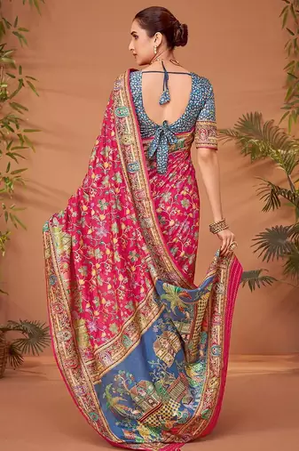 Pink ethnic motifs printed festive wear saree with matching unstitched blouse