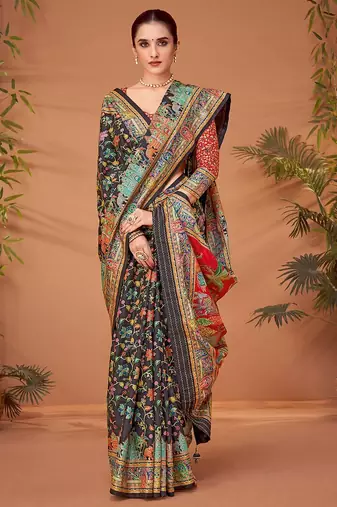 Black ethnic motifs printed saree