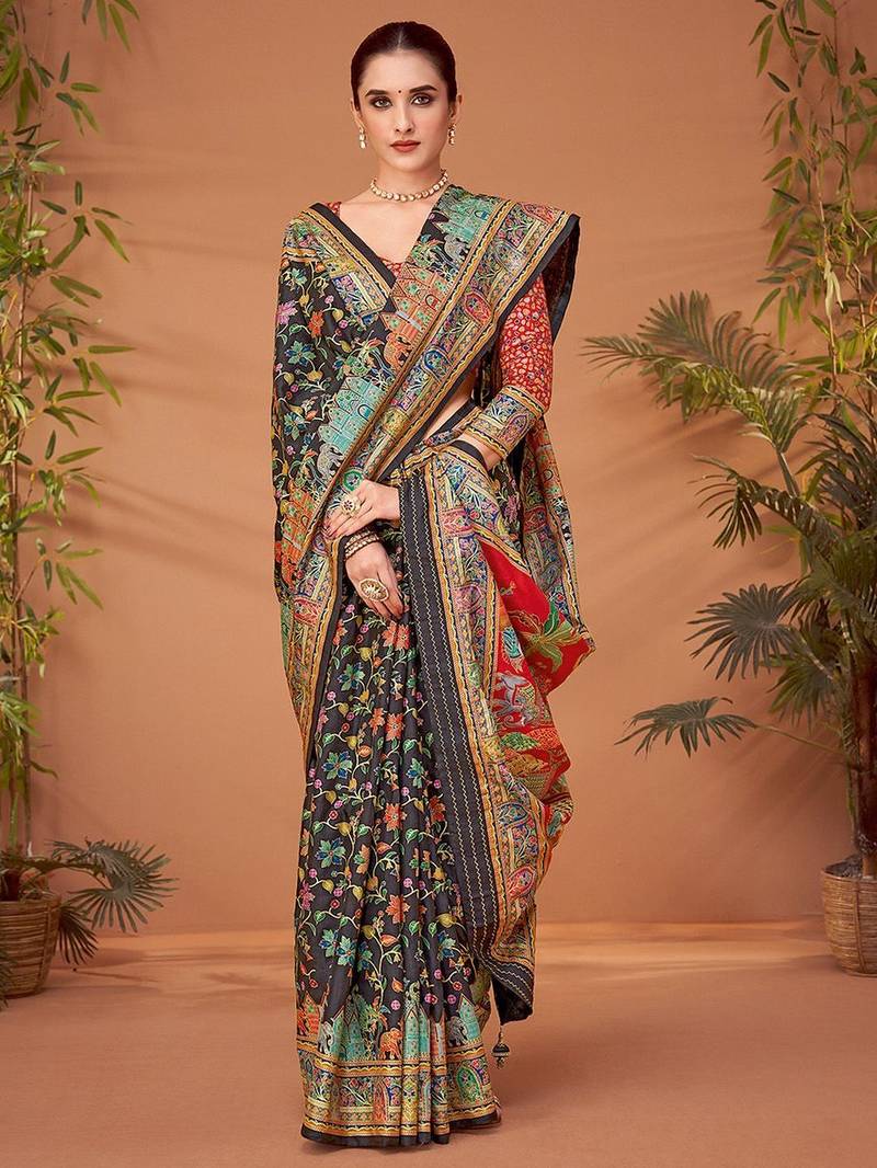 Black ethnic motifs printed saree