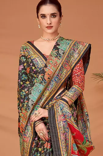 Black ethnic motifs printed saree