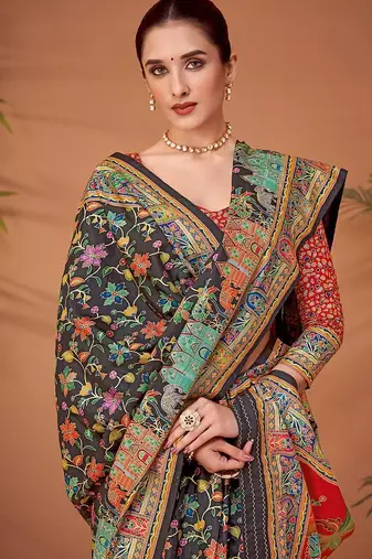 Black ethnic motifs printed saree