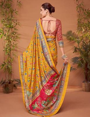 Yellow women ethnic motifs printed viscose rayon saree 2