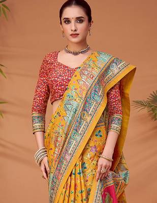 Yellow women ethnic motifs printed viscose rayon saree 3