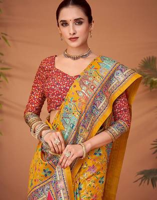 Yellow women ethnic motifs printed viscose rayon saree 4