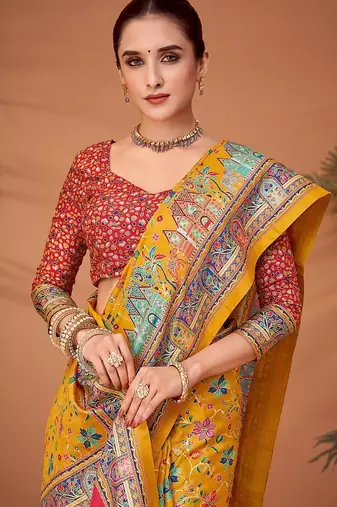 Yellow women ethnic motifs printed viscose rayon saree