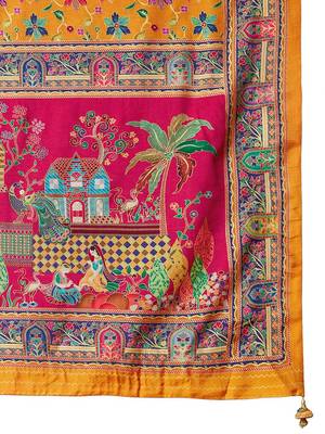 Yellow women ethnic motifs printed viscose rayon saree 5