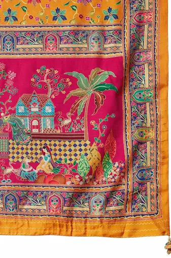 Yellow women ethnic motifs printed viscose rayon saree
