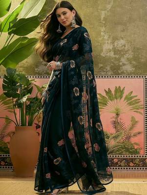 Blue embroidered saree with unstitched blouse piece 1
