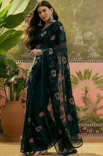 Blue embroidered saree with unstitched blouse piece