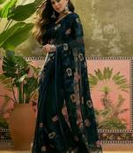 Blue embroidered saree with unstitched blouse piece