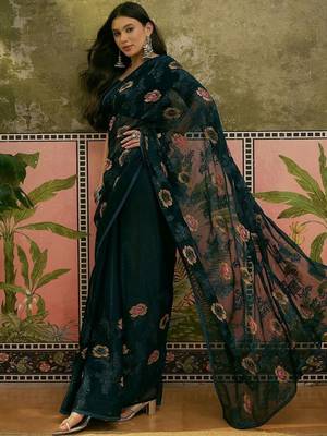 Blue embroidered saree with unstitched blouse piece 3