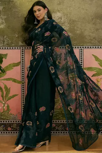 Blue embroidered saree with unstitched blouse piece
