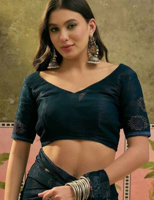 Blue embroidered saree with unstitched blouse piece 4