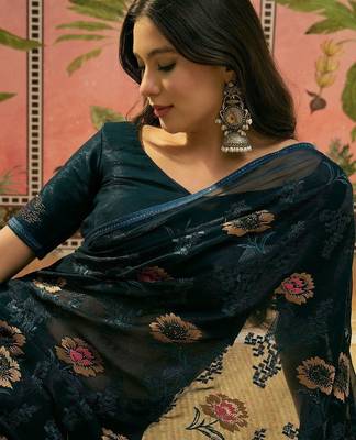 Blue embroidered saree with unstitched blouse piece 5