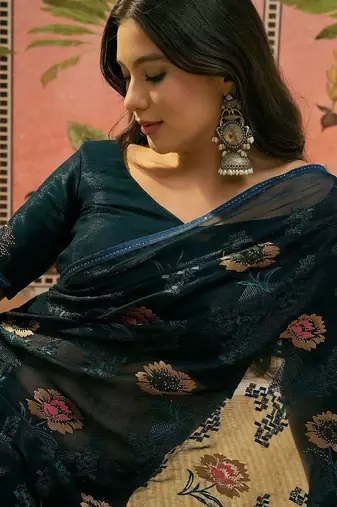 Blue embroidered saree with unstitched blouse piece
