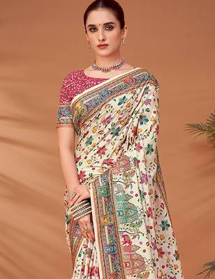 Cream ethnic motifs printed saree 1