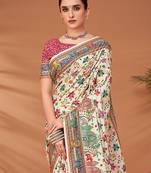 Cream ethnic motifs printed saree