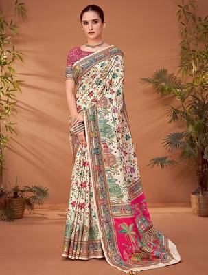 Cream ethnic motifs printed saree 2