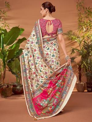 Cream ethnic motifs printed saree 3