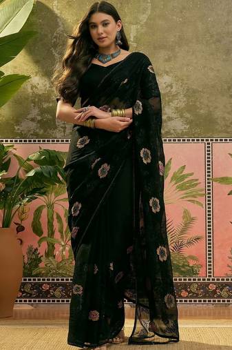 Black floral embroidered saree with unstitched blouse