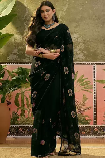 Black floral embroidered saree with unstitched blouse