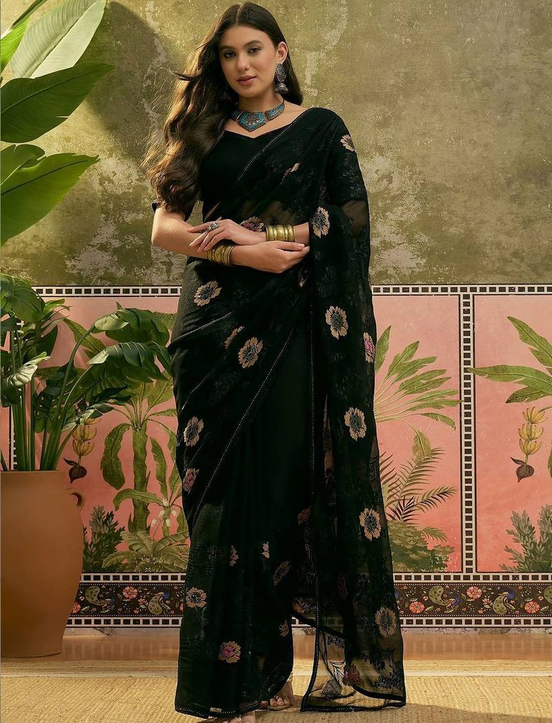 Black floral embroidered saree with unstitched blouse