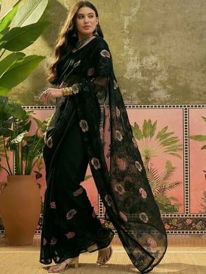 Black floral embroidered saree with unstitched blouse 2
