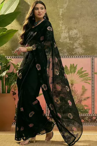 Black floral embroidered saree with unstitched blouse