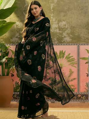Black floral embroidered saree with unstitched blouse 3