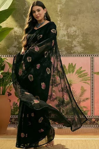 Black floral embroidered saree with unstitched blouse