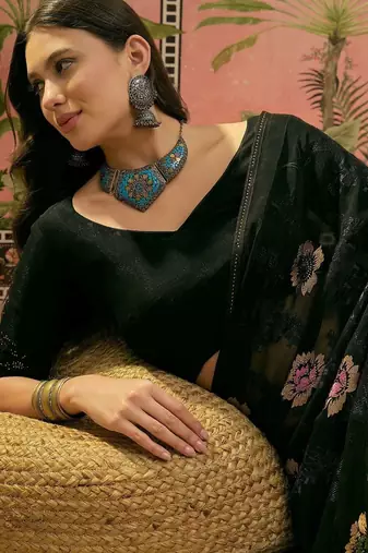 Black floral embroidered saree with unstitched blouse