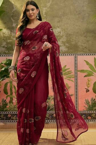 Maroon embroidered saree with unstitched blouse