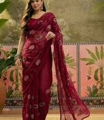 Maroon embroidered saree with unstitched blouse