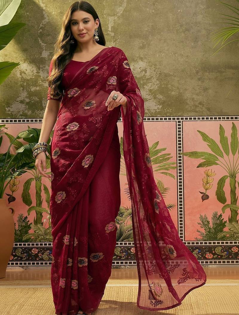 Maroon embroidered saree with unstitched blouse