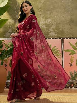 Maroon embroidered saree with unstitched blouse 2
