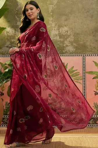 Maroon embroidered saree with unstitched blouse