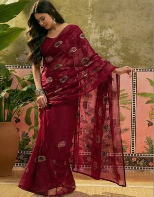 Maroon embroidered saree with unstitched blouse 3