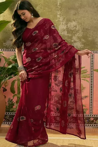 Maroon embroidered saree with unstitched blouse