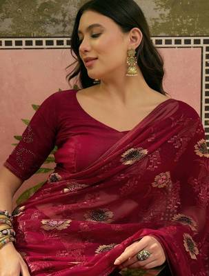 Maroon embroidered saree with unstitched blouse 5