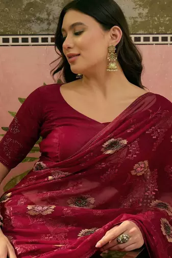 Maroon embroidered saree with unstitched blouse