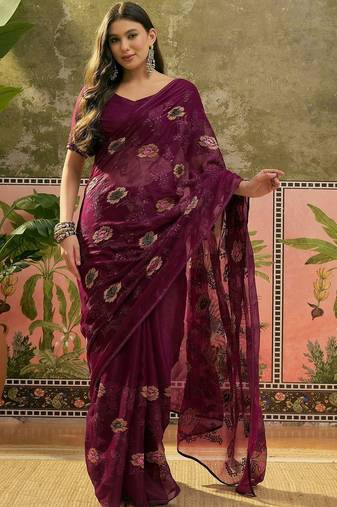 Purple embroidered saree with unstitched blouse