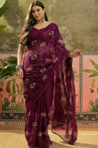 Purple embroidered saree with unstitched blouse