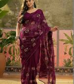 Purple embroidered saree with unstitched blouse